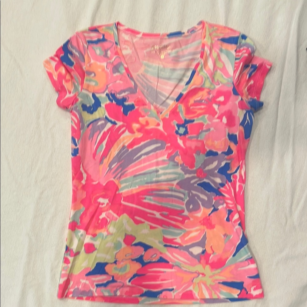 Lilly Pulitzer Orange Pink Fitted Graphic Cap Sleeve Tee